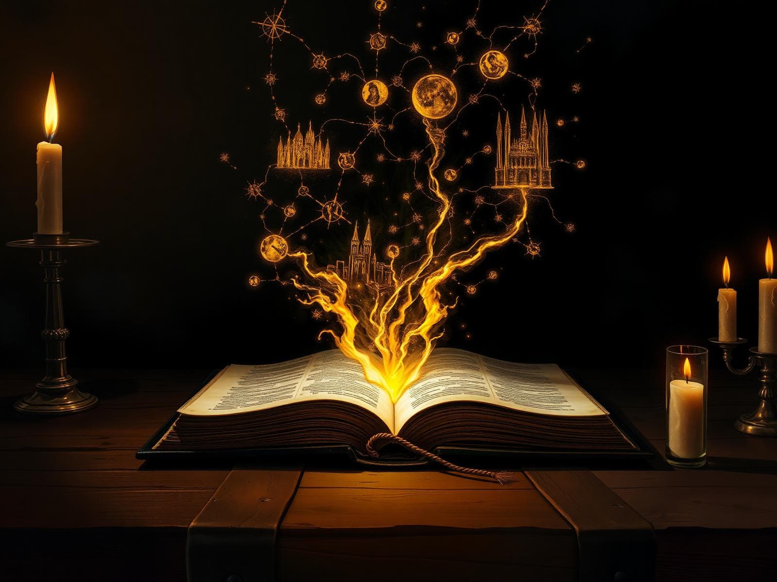 An ancient tome with glowing threads rising from its pages, forming a constellation of campaign characters and places